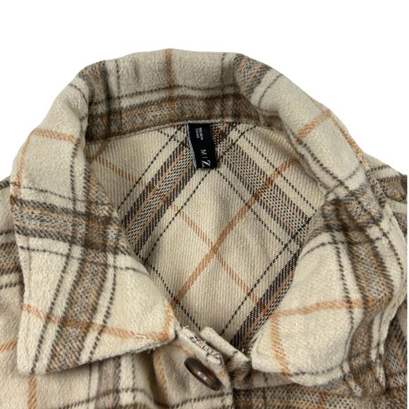 Zaful Womens Flannel/Fleece Button Up Shacket Jacket Sz 6 Tan Nude Plaid Neutral - Picture 7 of 9